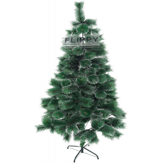 Brad artificial de Craciun tip pin inzapezit, inaltime 210 cm, diametru 115 cm, 350 ramuri cu ace 3D 12 cm, Vivimall, verde cu varfuri ninse, suport metalic inclus - vivimall.ro