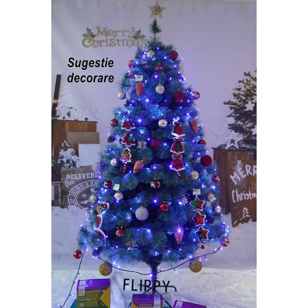 Műfenyő karácsonyfa, fenyő típus, beltéri/kültéri használatra, magasság 150 cm, átmérő 92 cm, 400 ág, fém állvány mellékelve