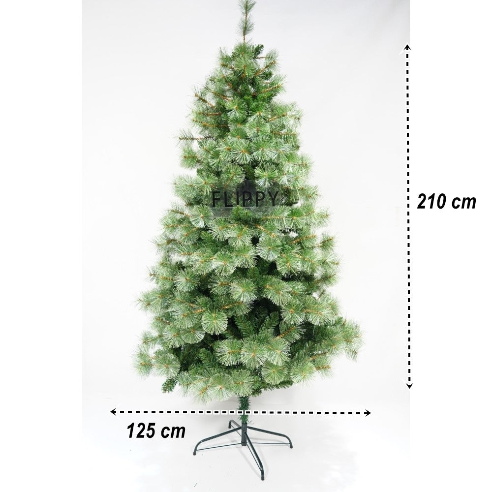 Műfenyő karácsonyfa, fenyő típus, beltéri/kültéri használatra, magasság 210 cm, átmérő 125 cm, ​​980 ág, fém állvány mellékelve