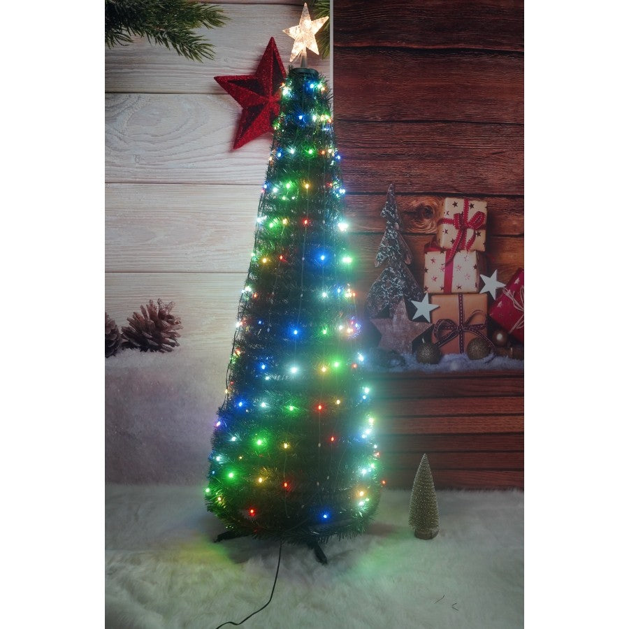 Kiugró Műfenyő Beépített Szereléssel, RGB Világításokkal, Tartóval, Megvilágított Csillaggal, 304 Led, 180 Cm, PVC Anyag