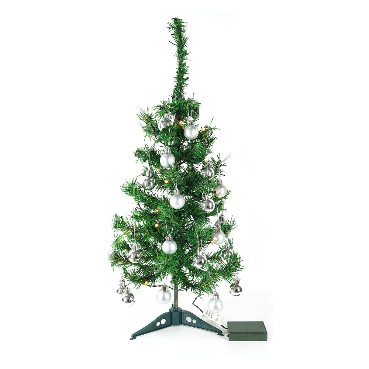 Brad Artificial Impodobit, 60 cm, suport plastic cu instalatie luminoasa 20 LED alb cald + 20 globuri argintii incluse, Vivimall - vivimall.ro