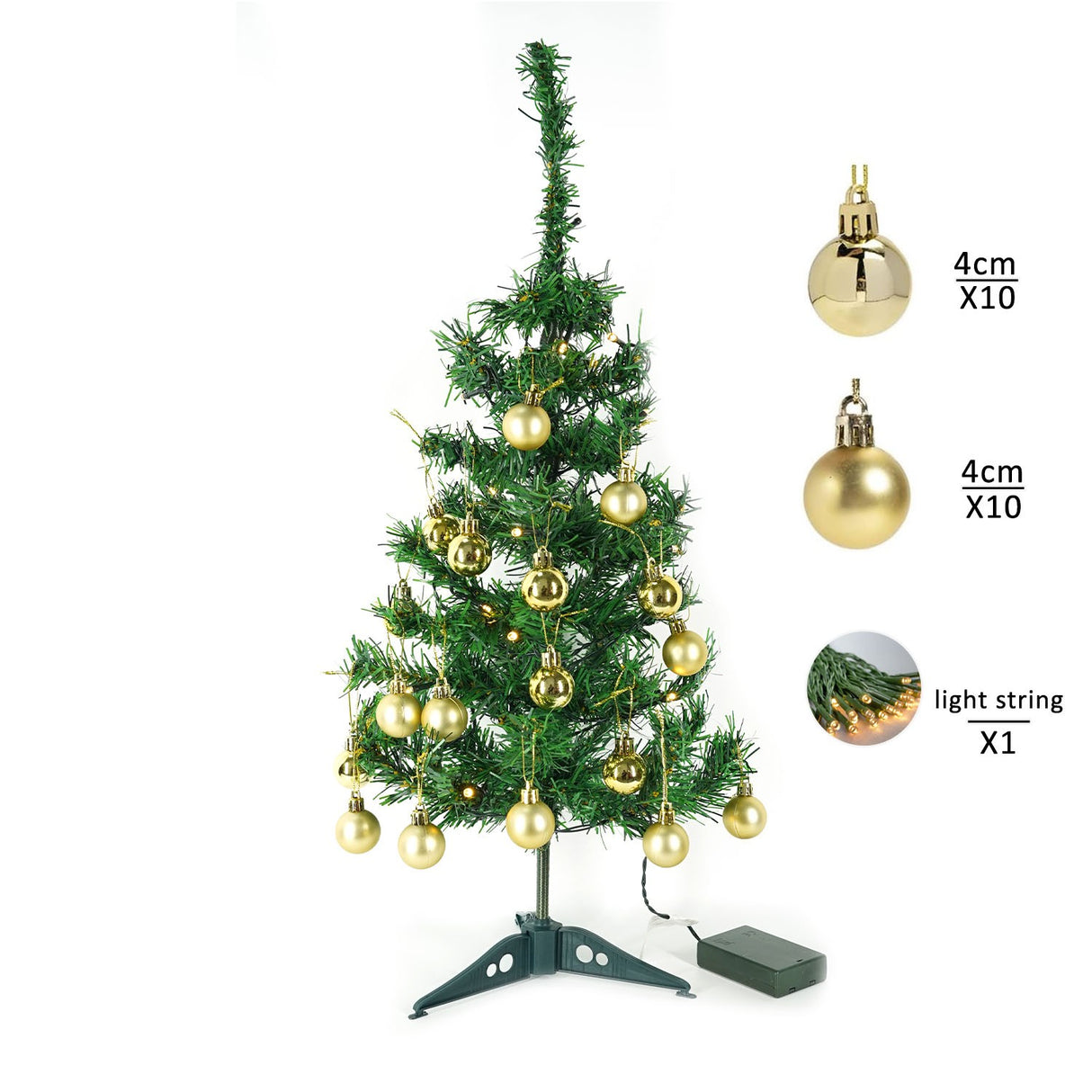 Brad Artificial Impodobit, 60 cm, suport plastic, cu instalatie luminoasa 20 LED alb cald + 20 globuri aurii incluse, Vivimall - vivimall.ro