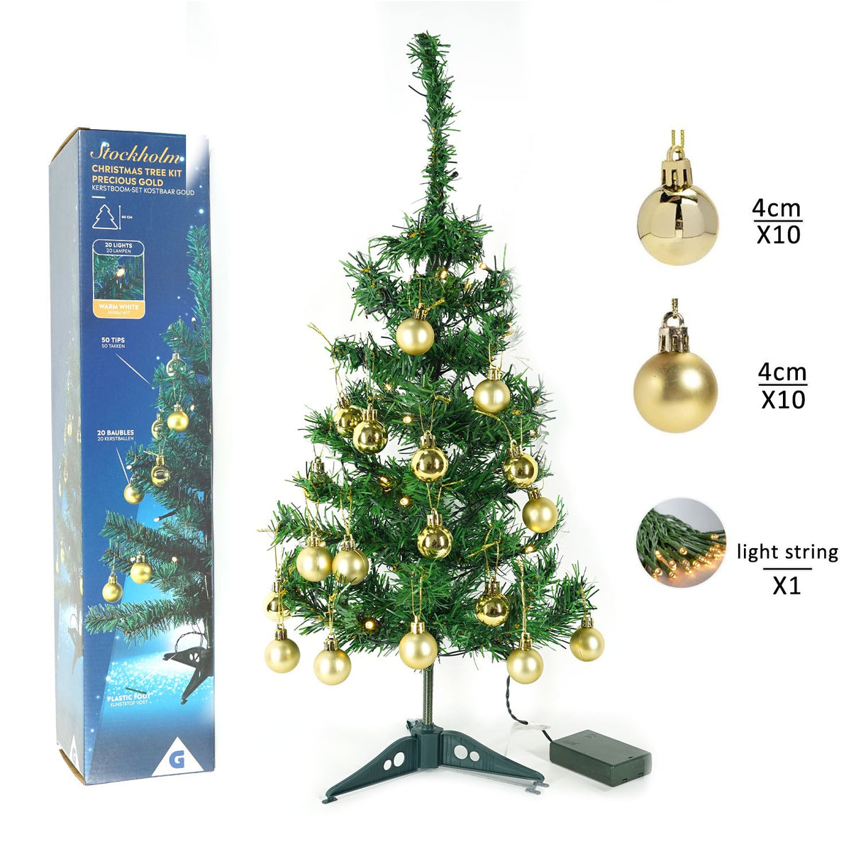 Brad Artificial Impodobit, 60 Cm, Suport Plastic, Cu Instalatie Luminoasa 20 Led + 20 Globuri Aurii Incluse - vivimall.ro
