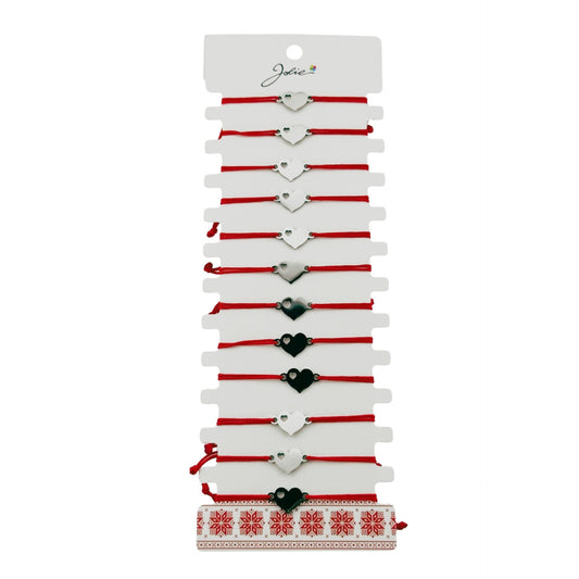 Bratara Martisor pentru Dama, Jolie, Model Inima, Set 12 bucati, Pandativ Argintiu din Inox cu Snur Rosu Ajustabil - vivimall.ro