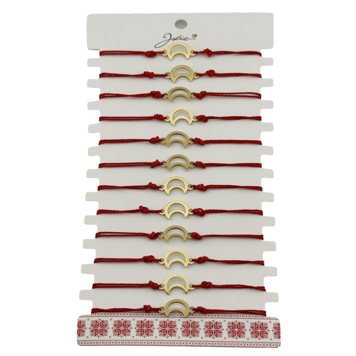 Brățară mărțișor damă Jolie model Luna Contur, set 12 bucăți, pandantiv inox auriu, șnur roșu, vedere frontală