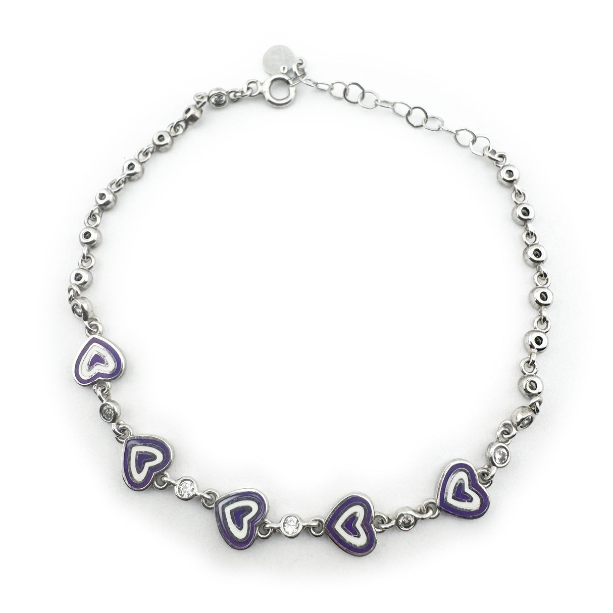 Bratara pentru Copii, Jolie, Argint 925, Model Inima, cu Email si Zirconiu, 22 cm/4.4g Argintiu/Mov/Alb - vivimall.ro