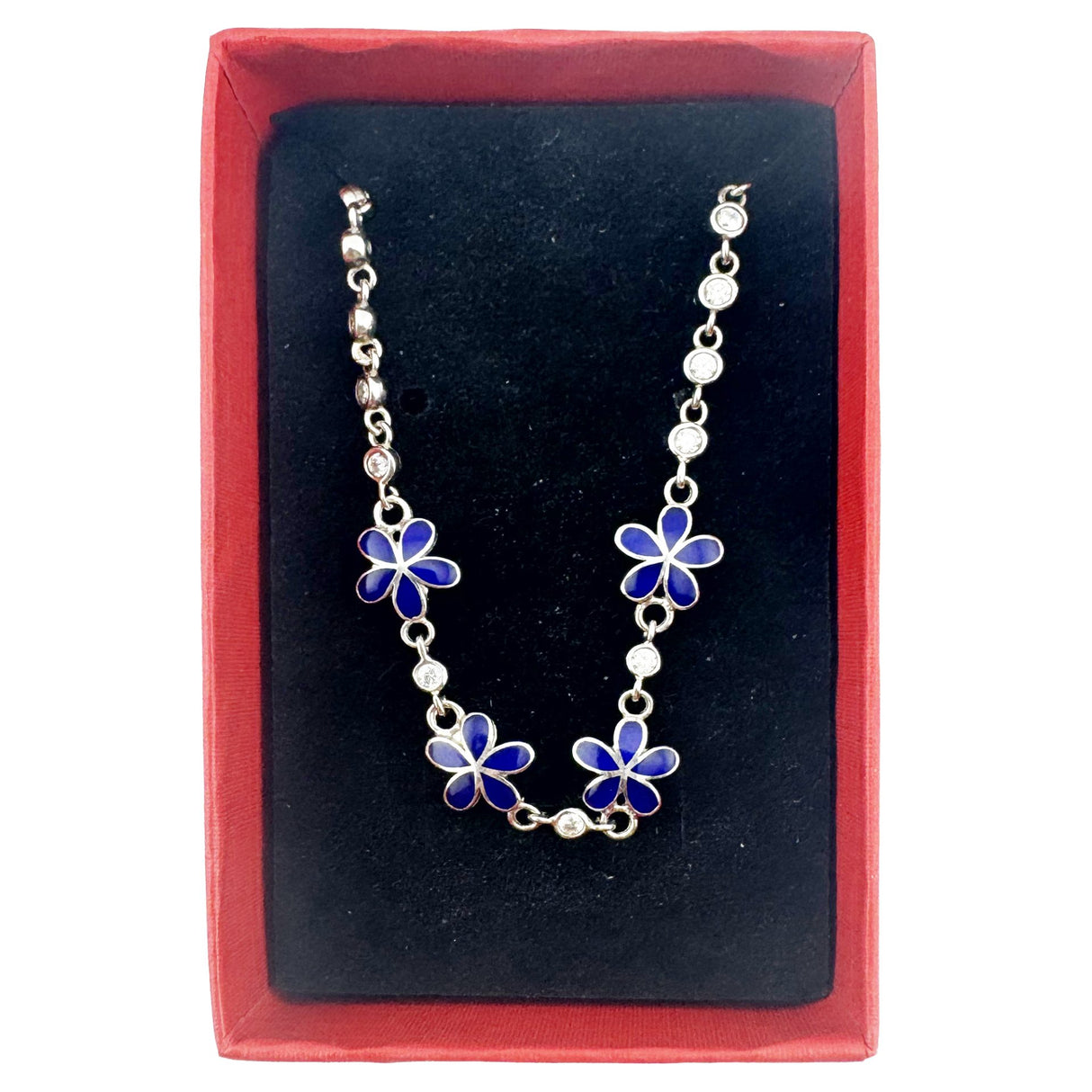Bratara pentru Copii, Jolie, Argint 925, Model Floare, cu Email si Zirconiu, 22 cm/4.4g Argintiu/Bluemarin - vivimall.ro