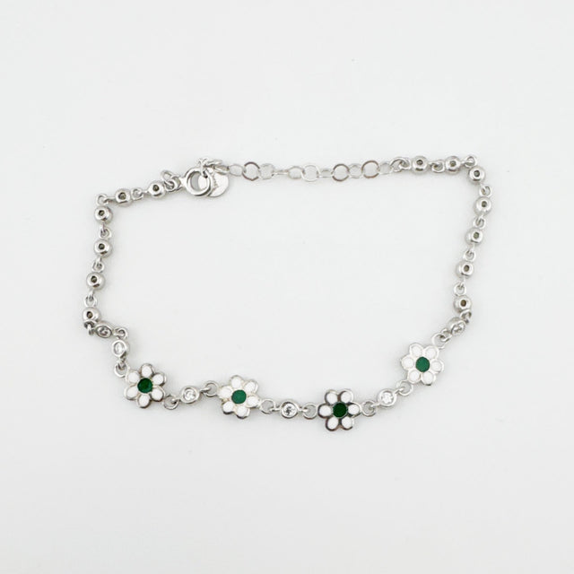 Bratara pentru Copii, Jolie, Argint 925, Model Floare cu Piatra, cu Email si Zirconiu, 22 cm/4.4g Argintiu/Verde - vivimall.ro