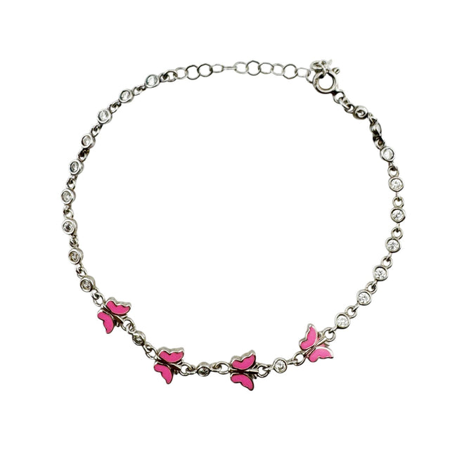 Bratara pentru Copii, Jolie, Argint 925, Model Fluture, cu Email si Zirconiu, 22 cm/4.4g Argintiu/Roz deschis - vivimall.ro