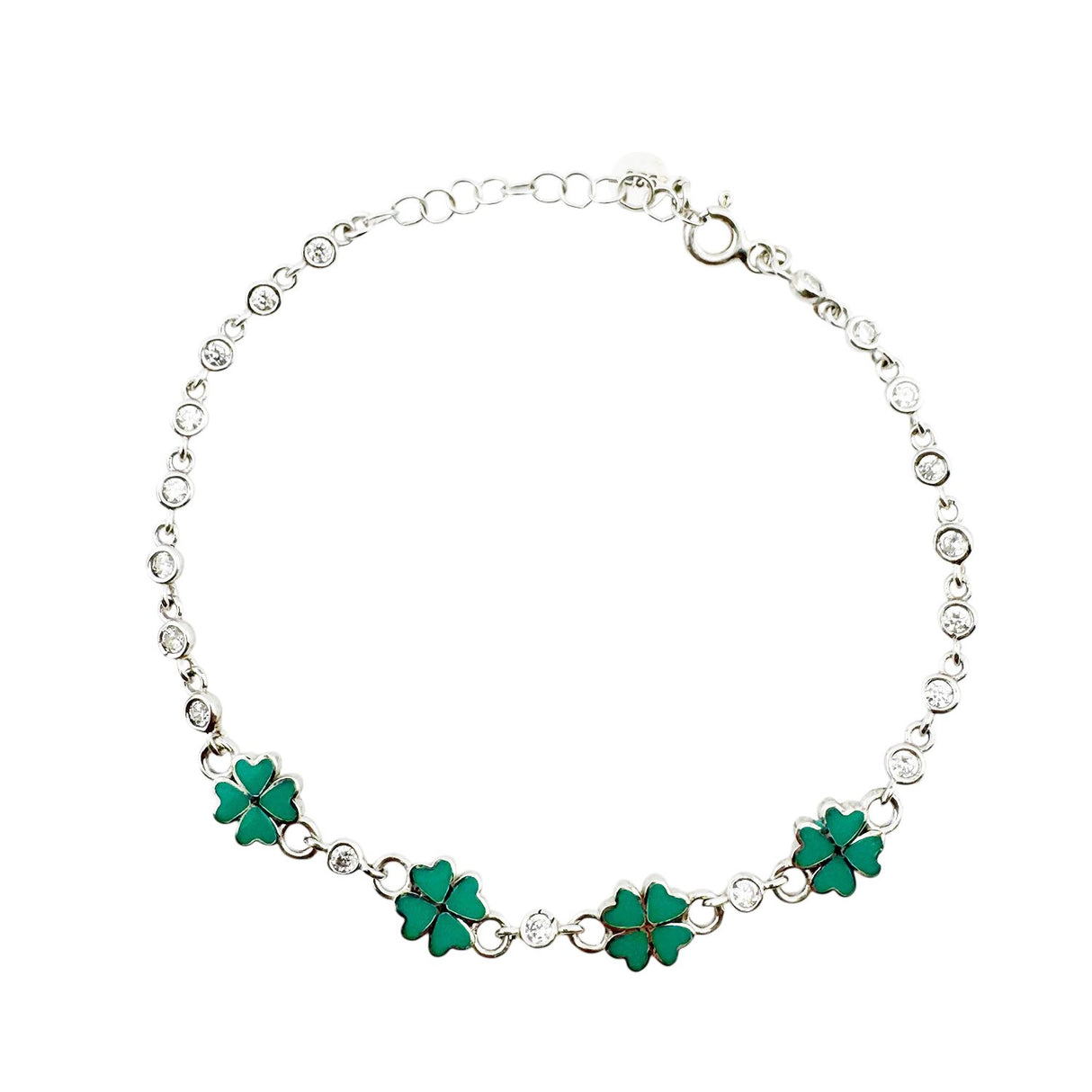 Bratara pentru Copii, Jolie, Argint 925, Model Trifoi, cu Email si Zirconiu, 22 cm/4.4g Argintiu/Verde - vivimall.ro