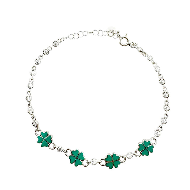 Bratara pentru Copii, Jolie, Argint 925, Model Trifoi, cu Email si Zirconiu, 22 cm/4.4g Argintiu/Verde - vivimall.ro