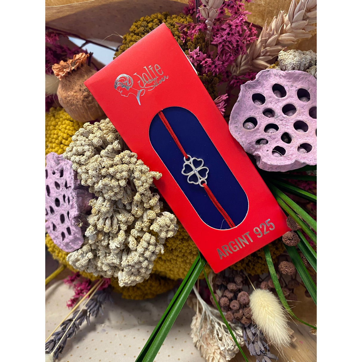 Bratara Snur Reglabil Rosu, Argint 925, Trifoi, Jolie Silver, 0.7 g, 15x10 mm - vivimall.ro