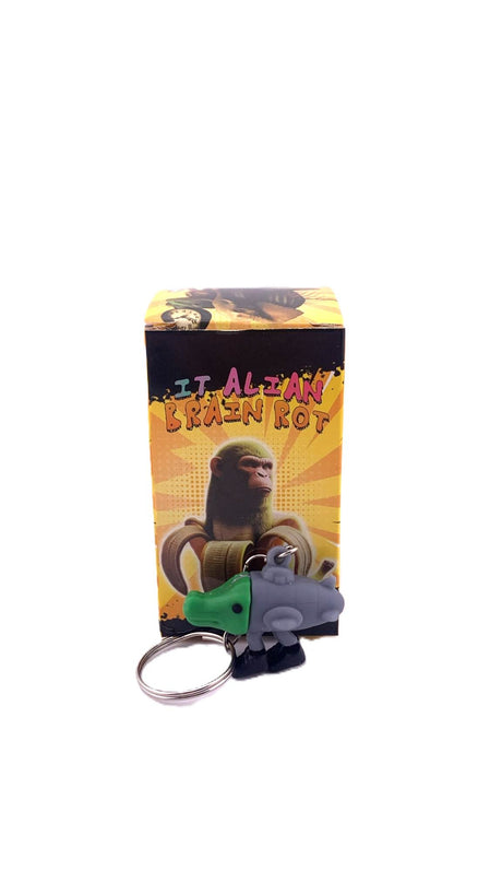 Detaliu figurină Bombardiro Crocodilo din silicon flexibil, breloc Flippy, culoare gri cu accente verde