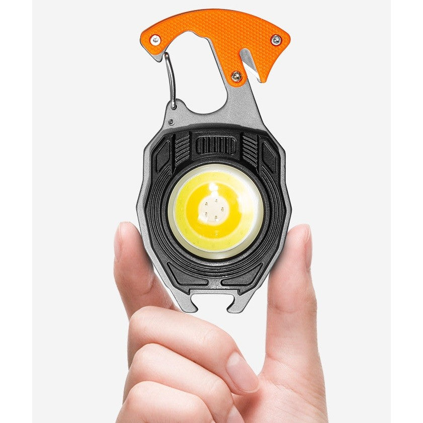 Breloc Multifunctional, Vivimall, Model W5147, Kit Supravietuire, Lanterna, Bricheta, Fluier, din ABS/Aluminiu, Alimentare USB, Negru/Portocaliu - vivimall.ro