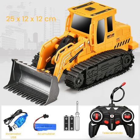 Buldozer cu Senile Jucarie pentru Copii, Vivimall, Jucarie Buldozer cu Telecomanda, Jucarie de Constructie, Acumulator cu Incarcare USB, 25 x 12 x 12 cm, Galben - vivimall.ro