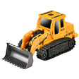 Buldozer galben cu șenile și telecomandă pentru copii, vedere frontală, dimensiuni 25x12x12 cm