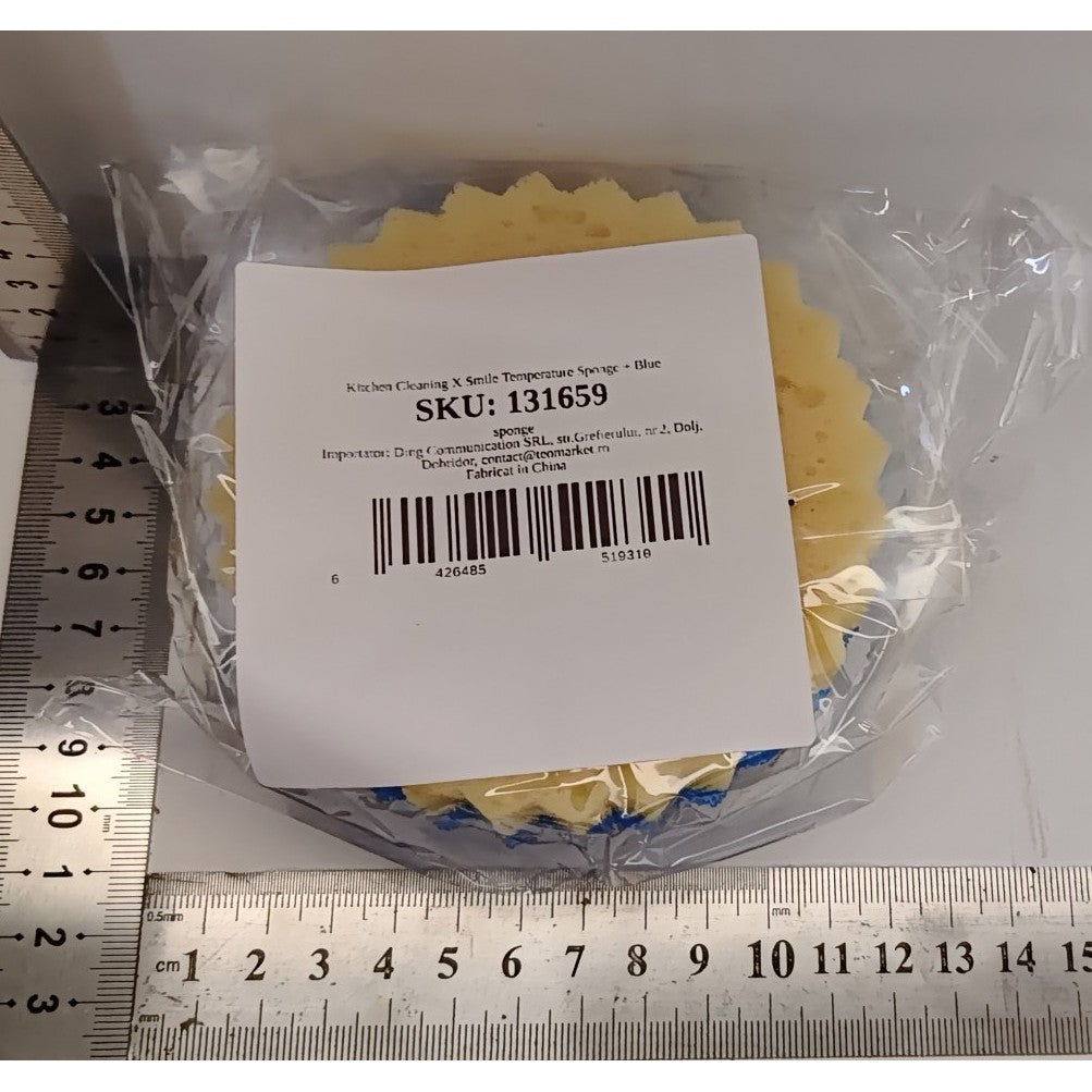 Burete de Vase, Vivimall, Rotund, din Burete PU, Model Smiley Face, Doua Fete, 10 x 4 cm, Galben/Albastru - vivimall.ro