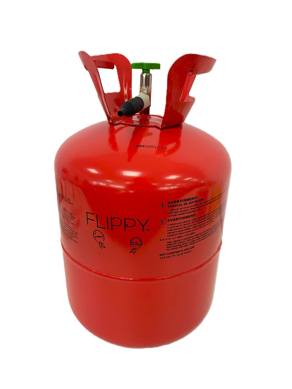 Butelie heliu roșu Flippy 13L lângă baloane latex umflate, utilizare la petrecere