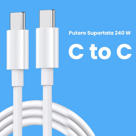 Cablu de Date pentru Telefon, Flippy, Cablu TYPE-C to TYPE-C Universal, Compatibil cu iOS si Android, Putere Suportata 240W, Fire 160 cupru, 2M, Simplu, Alb - vivimall.ro