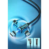 Cablu de incarcare magnetic 3 in 1 360 grade + 180 grade, 1 m, micro, type C, iPhone,  5 V, 2.1 A, Negru - vivimall.ro
