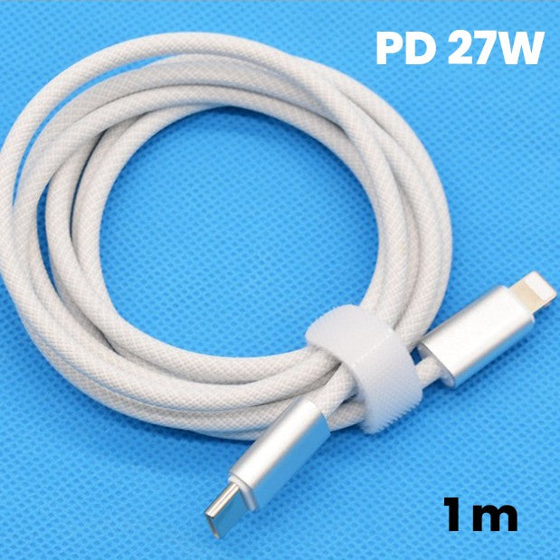 Cablu de Incarcare Rapida pentru Telefon, Flippy, Power Delivery 27W, Potrivit Compatibil cu iPhone, Impletit texturat cu Nailon, C to Lightning, 1 m 160 cupru, Alb - vivimall.ro