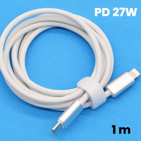 Cablu de Incarcare Rapida pentru Telefon, Flippy, Power Delivery 27W, Potrivit Compatibil cu iPhone, Impletit texturat cu Nailon, C to Lightning, 1 m 160 cupru, Alb - vivimall.ro