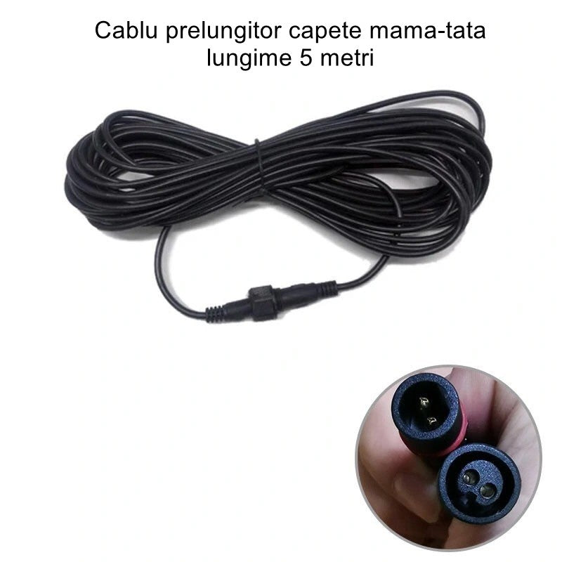 Cablu prelungitor IP65 Vivimall,  pentru lampi solare, material cauciuc si cupru, 2 Pini mama- tata, waterproof, 5 metri, negru - vivimall.ro