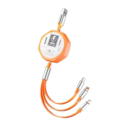 Cablu Retractabil 3in 1 pentru Telefon, Vivimall, Cablu de incarcare rapida 100W, stil Mecha, potrivit pentru Auto, Universal 1.2M, Portocaliu - vivimall.ro