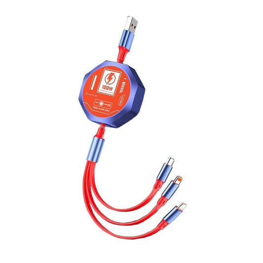 Cablu Retractabil 3in 1 pentru Telefon, Vivimall, Cablu de incarcare rapida 100W, stil Mecha, potrivit pentru Auto, Universal 1.2M, Rosu Albastru - vivimall.ro