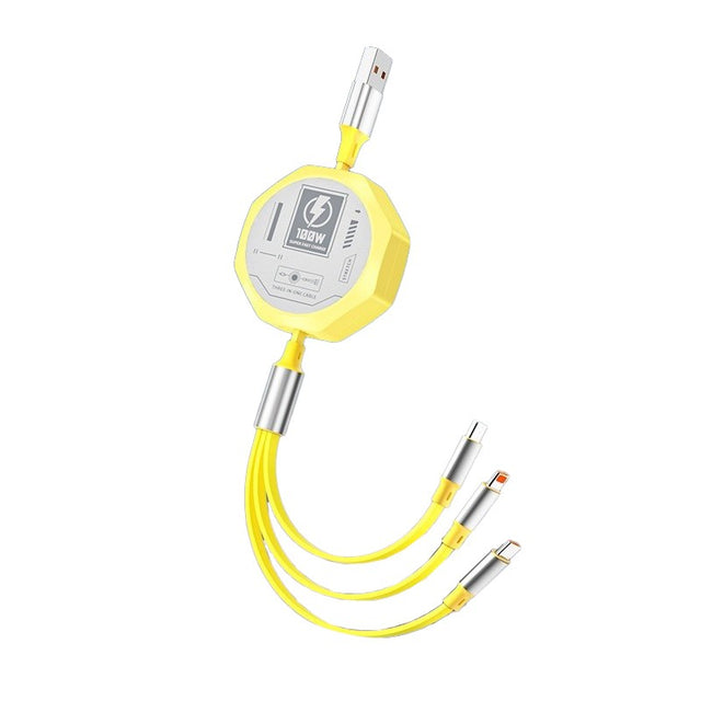 Cablu Retractabil 3in 1 pentru Telefon, Flippy, Cablu de incarcare rapida 100W, stil Mecha, potrivit pentru Auto, Universal 1.2M, Galben - vivimall.ro