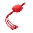 Cablu retractabil 3în1 roșu cu conectori USB-C, Lightning și Micro-USB, lungime 1,2m, vedere frontală