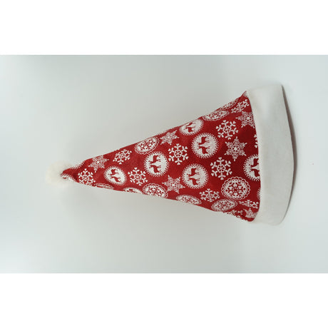 Mikulás sapka, hópehely díszítéssel és csillámporral, piros, univerzális méret, textil anyag