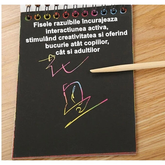 Caiet Cu Fise Razuibile Diy Magic Scratch, 12 File, Curcubeu, Creion Din Lemn, Cartonase Negre, Verde Deschis, 14.2 X 9.8 Cm - vivimall.ro
