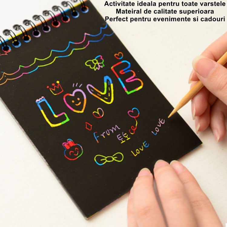Caiet cu fise razuibile Vivimall, DIY Magic Scratch, 12 File, Curcubeu, Creion din Lemn, Cartonase negre, 14.2 x 9.8 cm, Roz deschis - vivimall.ro