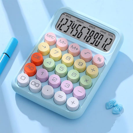 Calculator școală primară Vivimall, design pastel albastru, taste colorate rotunde și ecran mare 12 digits