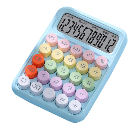Calculator pentru copii albastru cu ecran LCD 12 cifre și taste rotunde pastel, vedere frontală, 16x11 cm