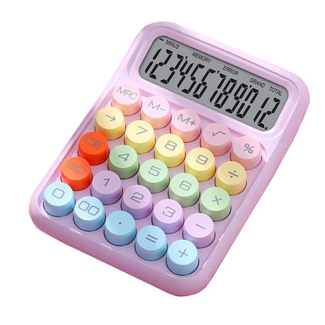 Calculator electronic roz pentru copii cu ecran LCD 12 cifre și taste rotunde pastel, vedere frontală