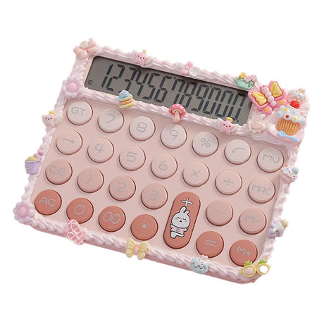 Calculator roz kawaii pentru fete cu ecran LCD 12 cifre și decor 3D, vedere frontală, dimensiuni 15x12,5 cm