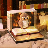 Calendar de birou ornamentat 3D 2026 cu LED activ, bufniță maro, perspectivă laterală
