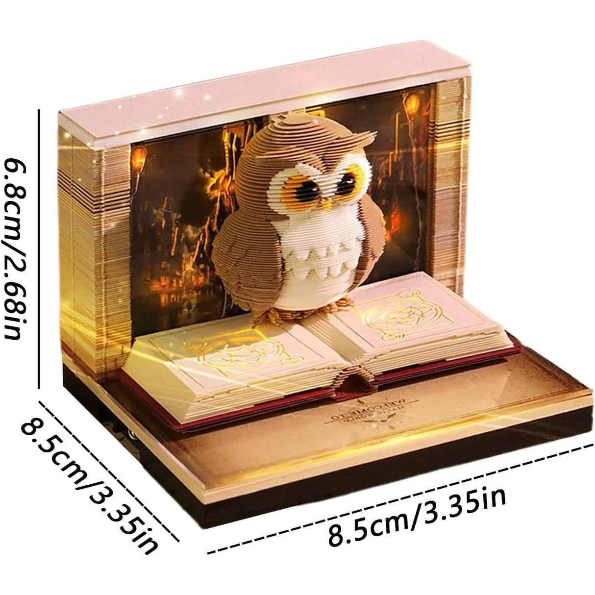 Calendar 3D 2026 Bufnița Magic World în context birou, aranjament decorativ zilnic