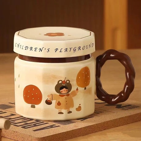 Cana Din Ceramica, Cana Pentru Cafea, Ceai, Cana Universala, Unisex, Cana Cu Capac, 9 X 8 X 8 Cm, 400 Ml, Model Fetita, Bej - vivimall.ro