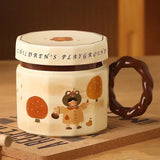 Cana din ceramica, Vivimall, Cana pentru Cafea, Ceai, Cana Universala, Unisex, Cana cu Capac, 9 x 8 x 8 cm, 400 ml, Model Fetita, Bej - vivimall.ro