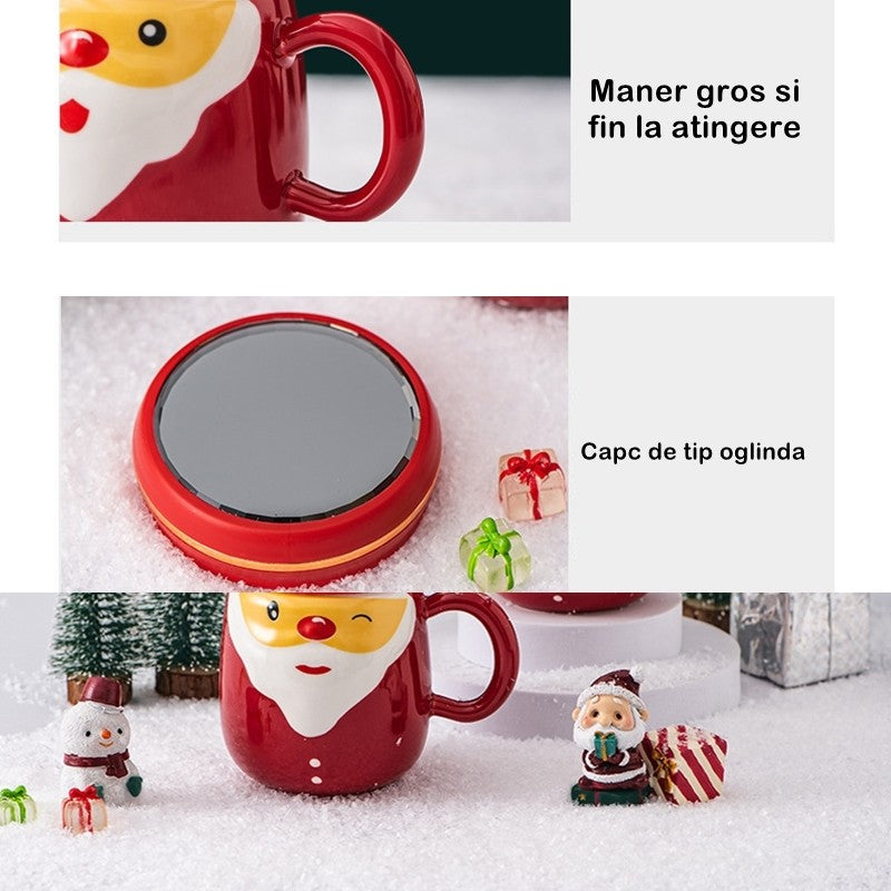 Cana Ceramica tematica Mos Craciun Vivimall, 430 ml, capac tip oglinda, ambalaj cadou inclus, fete random, 8 x 11.5, rosu - vivimall.ro