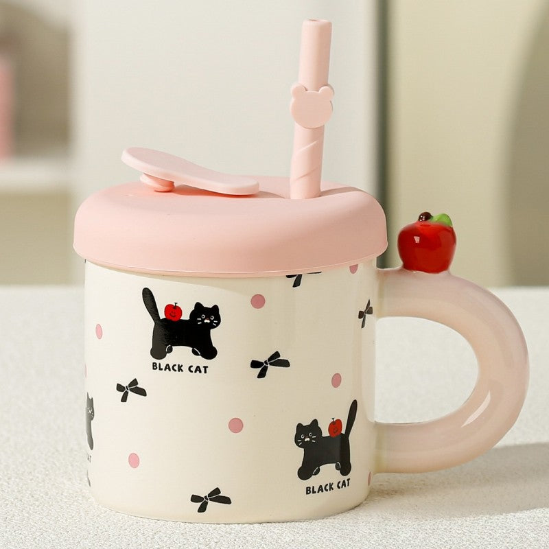 Cana din Ceramica cu Capac si Pai, Vivimall, Capacul si Paiul din Silicon Roz, 9x8.5 cm, Model Cute C, Capacitate 380ml - vivimall.ro