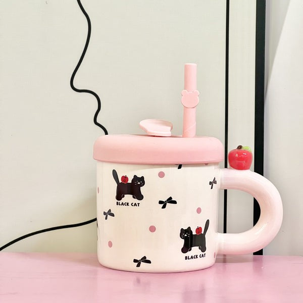 Cana din Ceramica cu Capac si Pai, Vivimall, Capacul si Paiul din Silicon Roz, 9x8.5 cm, Model Cute C, Capacitate 380ml - vivimall.ro