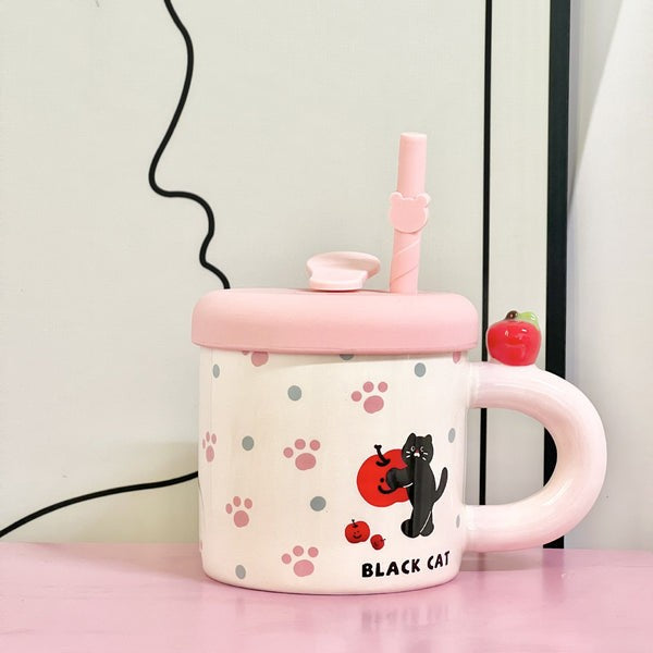 Cana din Ceramica cu Capac si Pai, Vivimall, Capacul si Paiul din Silicon Roz, 9x8.5 cm, Model Cute D, Capacitate 380ml - vivimall.ro