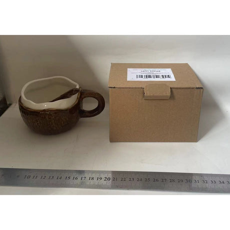 Cana din Ceramica, Vivimall, 201-300 ml, cu Lingurita, Model Nuca de Cocos, Maro - vivimall.ro