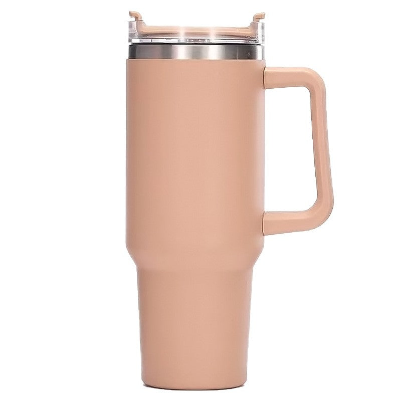 Cana Termos din Plastic, Vivimall, pentru Bauturi Calde si Reci, cu Maner, 9.9x9.9x27 cm, Roz Pal - vivimall.ro