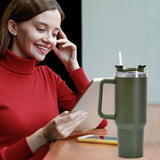 Cana Termos din Plastic, Vivimall, pentru Bauturi Calde si Reci, cu Maner, 9.9x9.9x27 cm, Verde Army - vivimall.ro