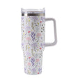Cana Termos din Plastic, Vivimall, pentru Bauturi Calde si Reci, cu Maner, Imprimeu Floral,  Alb, 10x7.6x27.5 cm - vivimall.ro